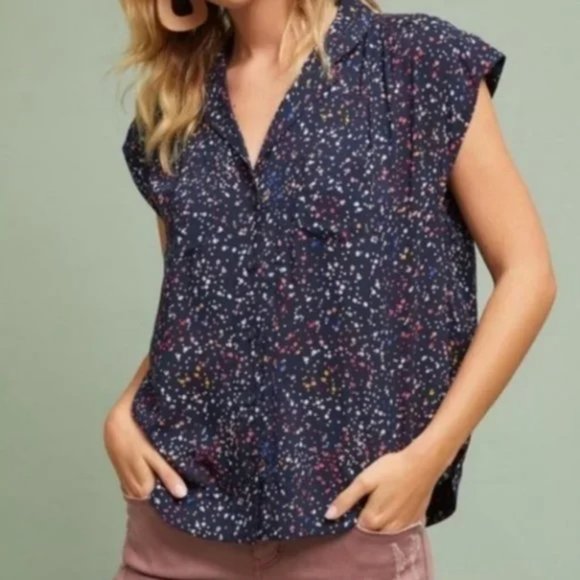 Anthropologie Tops - Anthropologie Maeve Paint Splatter Cap Sleeve Button down Top Sz XS